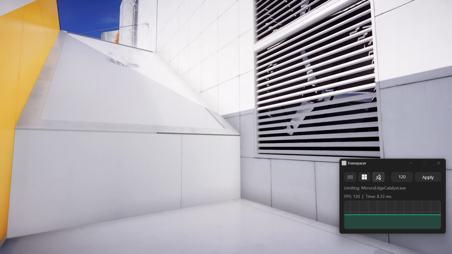 Mirror's Edge Catalyst gameplay running with framepacer enabled, showing a stable 120 FPS line
