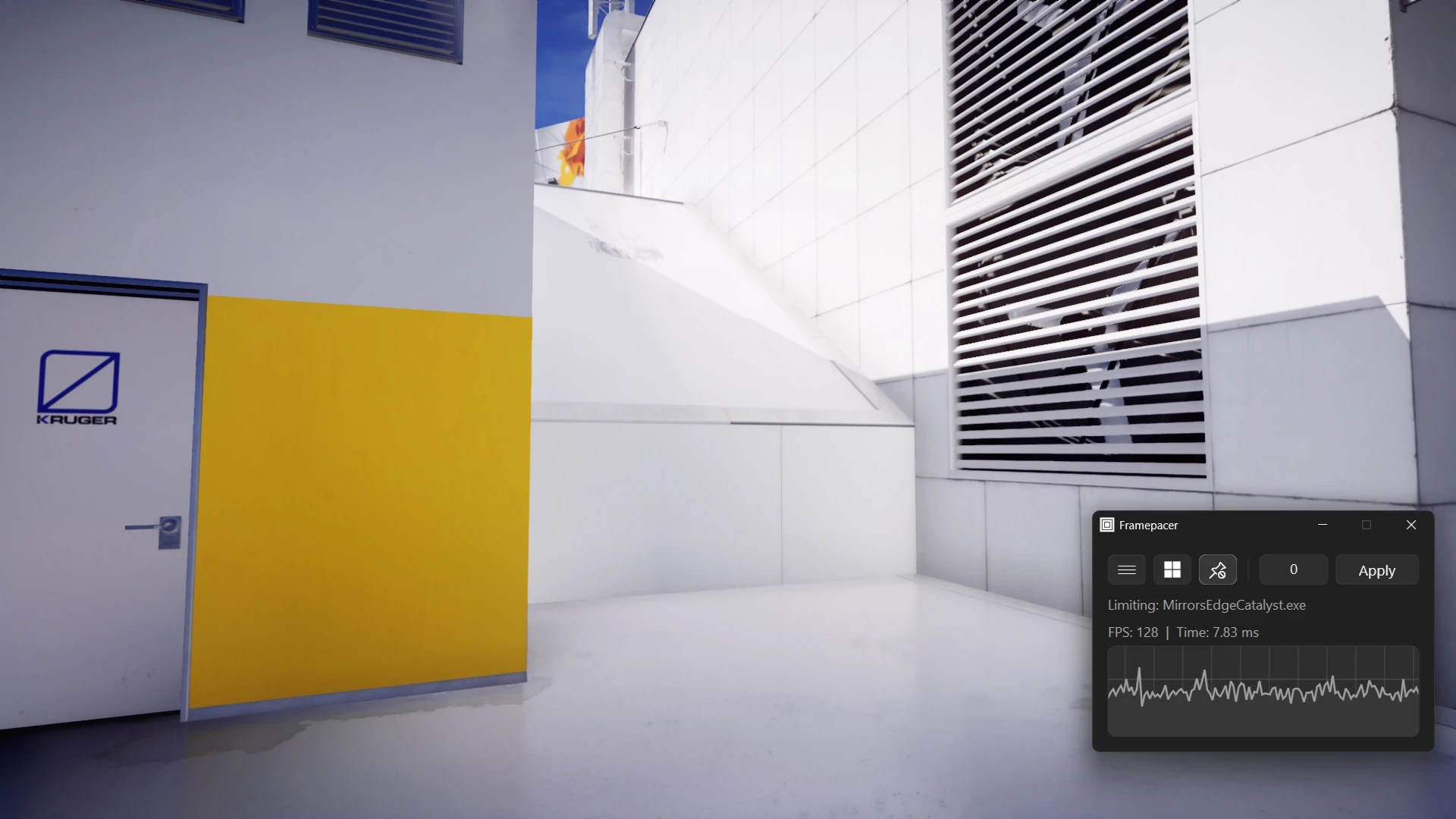 Mirror's Edge Catalyst gameplay running unlimited, showing micro-stutter spikes
