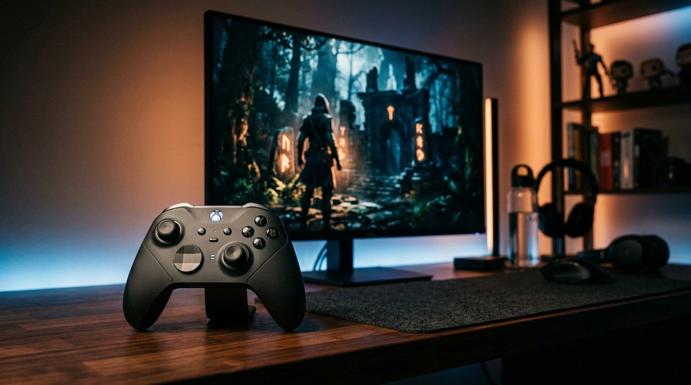 Wireless controller in front of gaming display