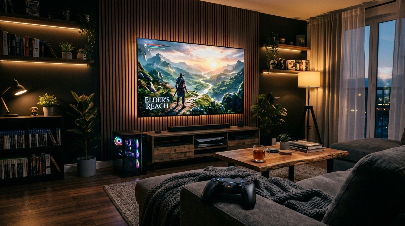 Living room gaming PC setup with big screen TV and couch