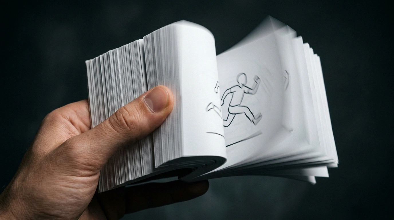Hand flipping through a 60-page flipbook demonstrating frame pacing consistency