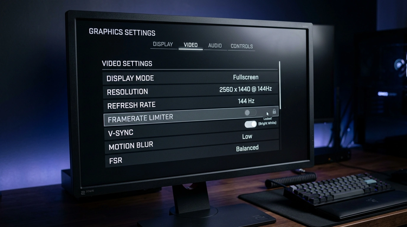 Minimalist PC gaming desk setup with FPS limiter telemetry