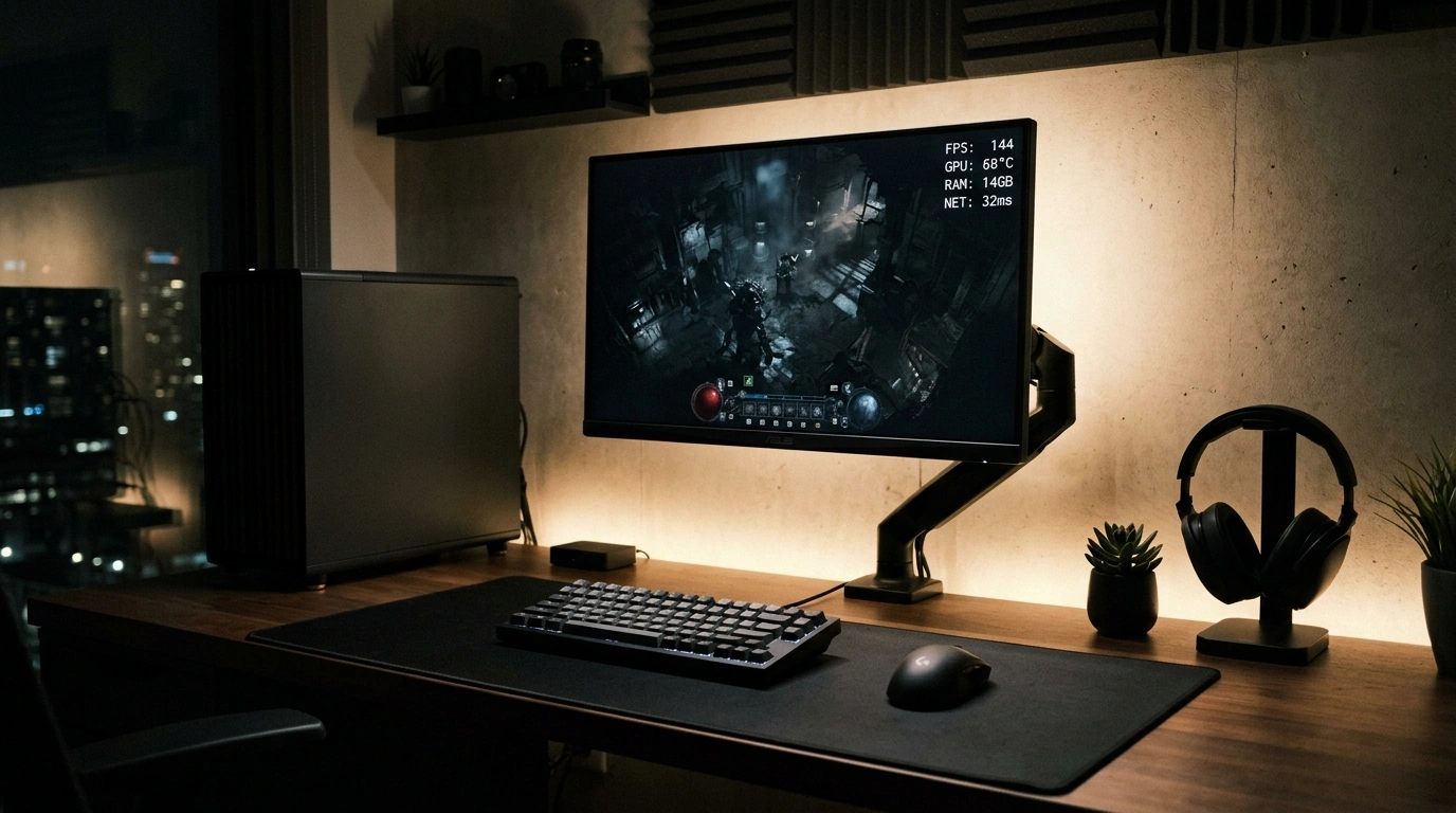 Minimalist PC gaming desk setup with FPS limiter telemetry
