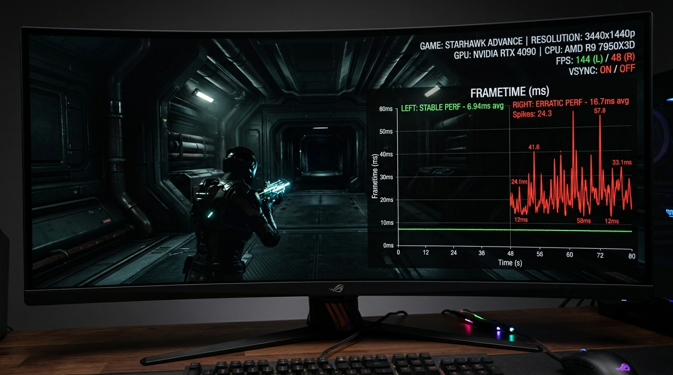 Frametime telemetry graph analysis overlay on monitor