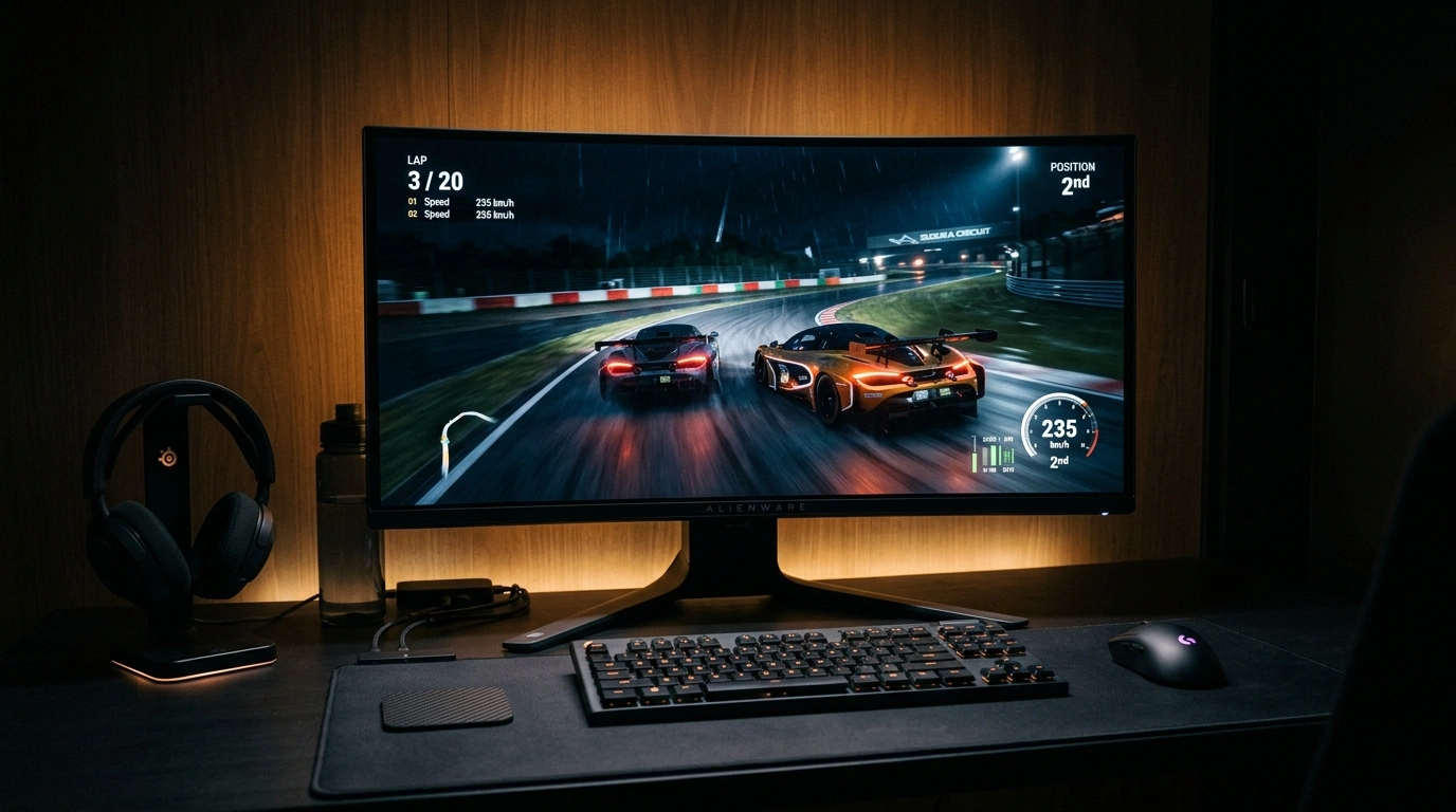 High refresh rate gaming monitor showing fast racing game