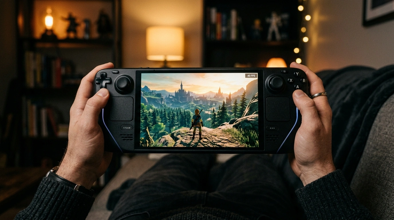 Handheld gaming PC playing a game at 40 FPS